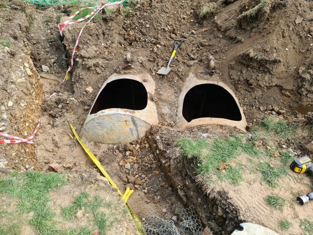 Two underground metal tanks being removed by Eco Tank Services.